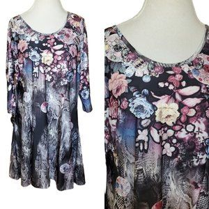 Simply Aster Floral Snake print Flowy Dress 1X 2X‎ Loose Fit Boho Dark Stretchy